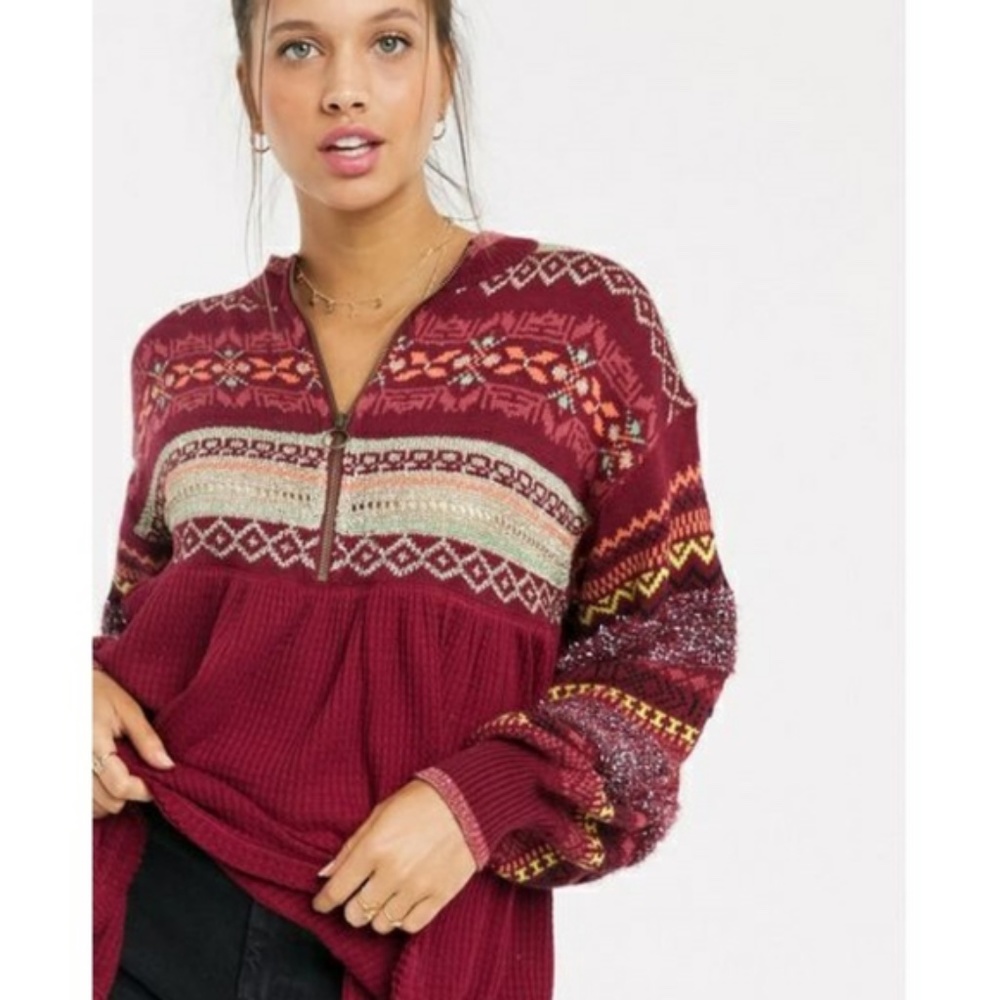 NEW Free People Fair Isle Cozy Cottage Sweater M Pullover Tunic Bell Sleeves Top - Picture 3 of 16